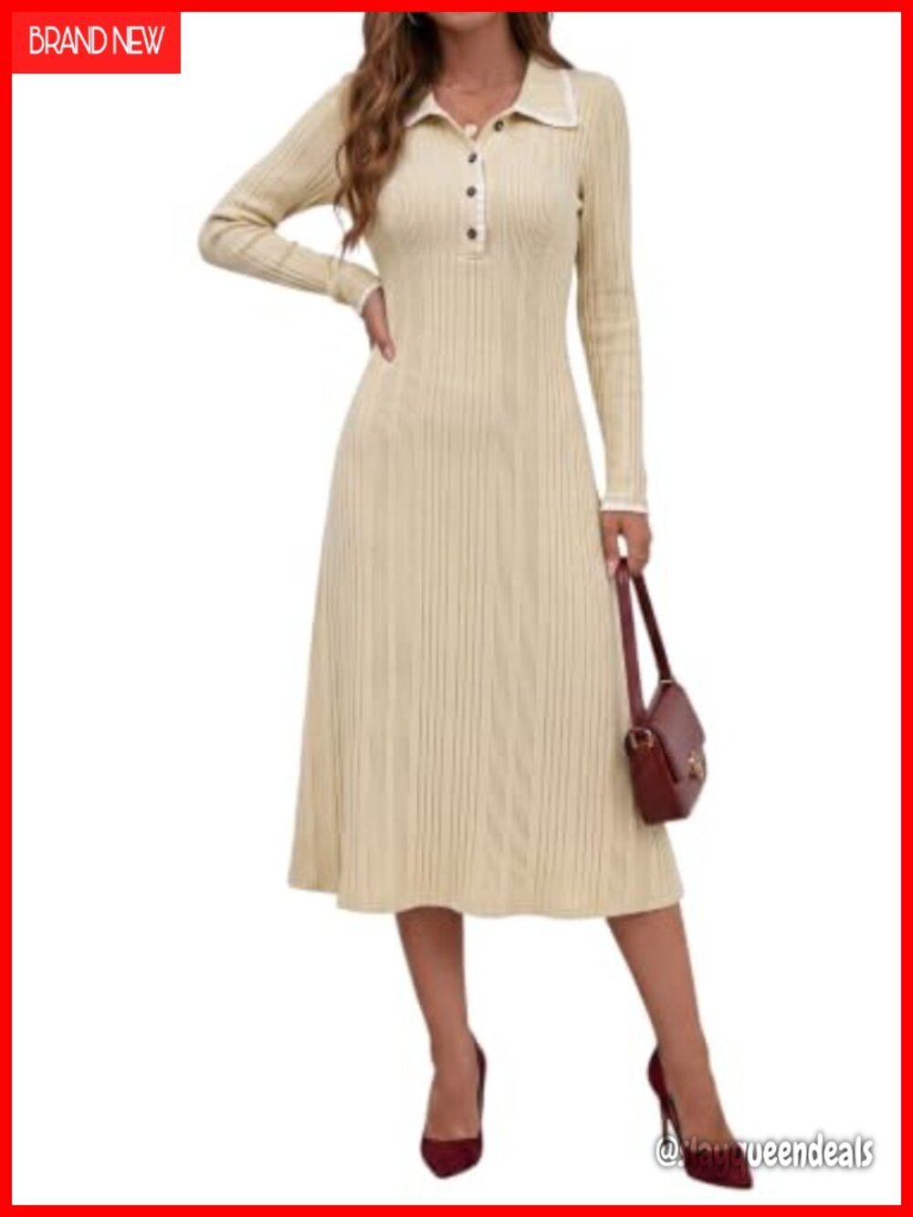 Ribbed Knit Maxi Sweater Dress Button Front V-Neck Long Sleeve